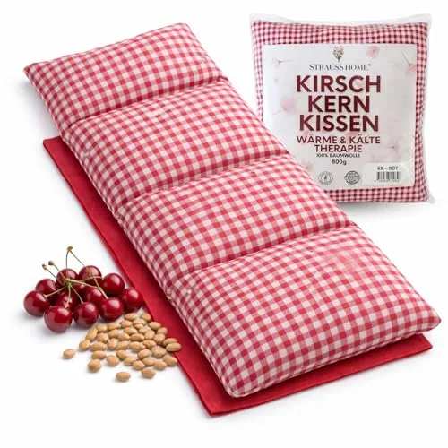 Strauss Home® Cojín de huesos de cereza grande, microondas, cojín térmico para cuello y hombros, tela de algodón, 50 x 20 cm (rojo vintage)