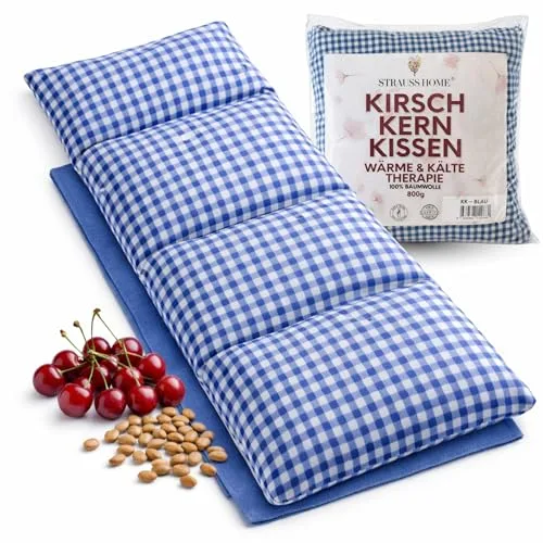 Strauss Home® Cojín de huesos de cereza grande, microondas, cojín térmico para cuello y hombros, tela de algodón, 50 x 20 cm (gris/azul vintage)