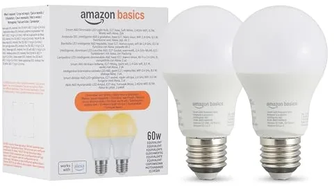 Amazon Basics Bombilla led inteligente regulable, casquillo E27, blanco suave, 8W (60W Equivalent), funciona solo con Alexa, 2 paquete