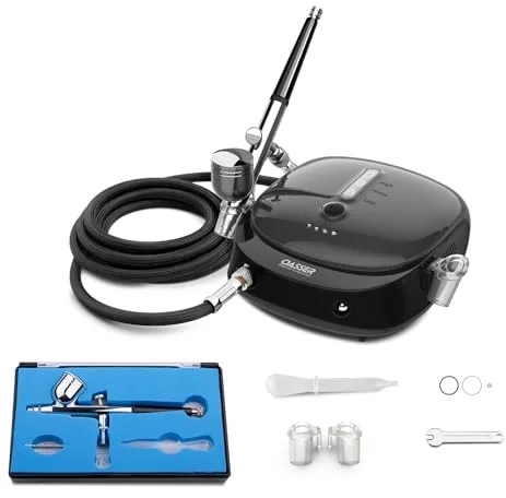 Oasser Mini Kit Aerógrafo con Compresor Portable Profesional Airbrush con Doble Acción 1000mAh Batería de Litio Recargable Juego de Pistola con Compresor para Pintura Artística Uña Modelo AK1 Nergo