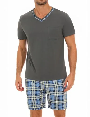 Demegimi Verano Conjunto de Pijama Hombre a Cuadros Ropa de Dormir de Algodón Pijamas para Mangas Camiseta Cortas con Bolsillos