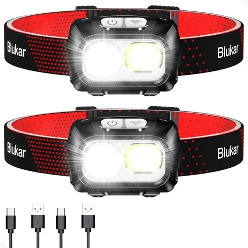 Blukar Linterna Frontal,[2 Piezas] Superbrillantes Linterna Cabeza LED Recargables con Sensor de Movimiento y Ajustable Ángulo, 8 Modos (con Luz Roja) para Camping, Correr, Bicicleta etc-Negro