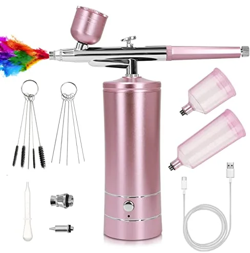 Kit de Aerógrafo con Compresor, Pistola de Cepillo de Aire Recargable Portátil de Alta Presión Cepillos de Aire con Boquilla de 0,3mm para Pintura, Uñas, Maquillaje, Arte (Rosa)