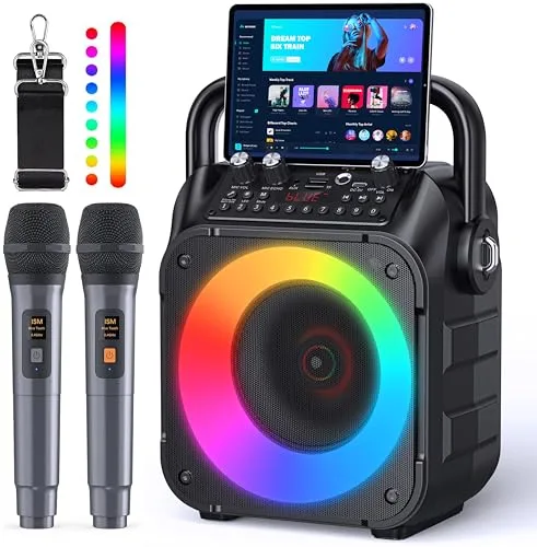 Singingmate Karaoke, Altavoz Bluetooth Portátil para Adultos con 2 Micrófonos Inalámbricos, Sistema PA para Adultos y Niños con Luces LED para Fiestas (Negro)