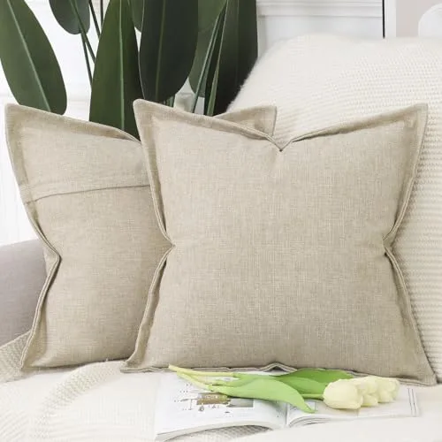 Madizz Juego de 2 Suave Lino Decorativo Funda de cojíns con Borde Ancho Lujo Estilo Fundas de Almohada para el sofá Dormitorio Beige Cuadrado 40 x 40 cm