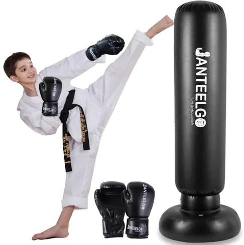 Saco de Boxeo de Pie Niños y Guantes de Boxeos: JanTeelGO 150cm Punching Ball Inflable Regalos para Niñas de 3 a 12 años para Practicar Karate, Taekwondo (Saco de Boxeo-A)