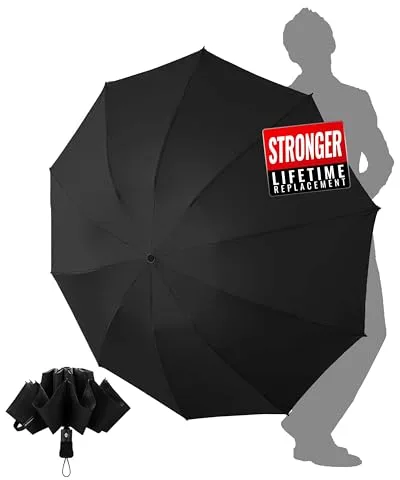 Chakipee Paraguas Plegable Antiviento Hombres - Automático Portátil Compacto de Viaje, Paraguas Invertido Negro Resistente Viento, Tejido 210T Abarca 105cm Grande de 10 Varillas