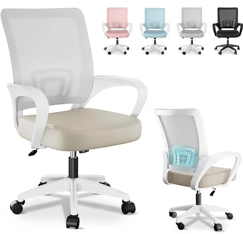 JUPPLIES Silla Escritorio Ergonomica - Silla Oficina con Apoyo Lumbar, Estructura de Plastico, Malla Transpirable, Ruedas Giratorias 360° Soporta hasta 110kg (Beige)