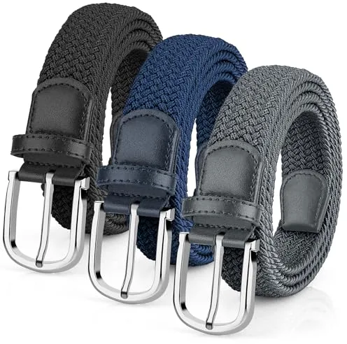 Leskyair 3 Piezas Cinturón Elástico Hombre y Mujer, Cinturón Trenzado de Tela Unisex para Pantalones Vaqueros y Casual, Extensible sin Agujeros, Ideal para Trabajo y Uso Diario