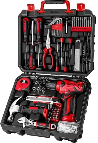 DEKO Caja Herramientas Completa con Destornillador Electrico/Taladro con bateria de 8V, Maletin de 126 Piezas, Caja profesional de herramientas Domésticas de Bricolaje para Oficinas y Jardín,Rojo