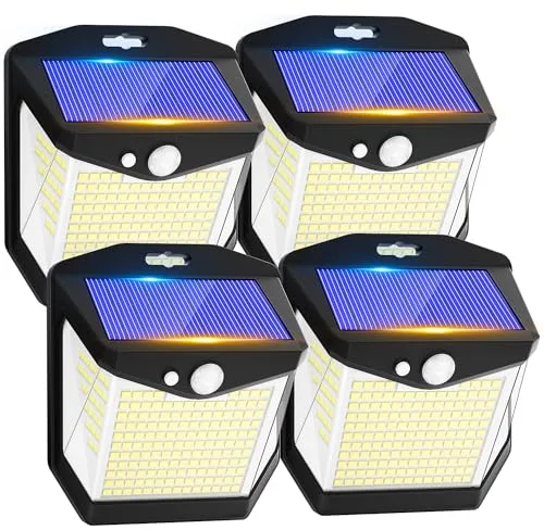 Luz Solar LED Exterior Jardin - 248 LED Luces Solares Sensor de Movimiento 270° Foco Solar Exteriores Lampara IP65 Impermeable Aplique Solar Potente con Iluminacion Terraza Outdoor Light 4 Paquete