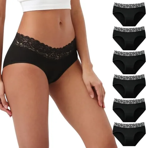 INNERSY Bragas Negras Mujer Encaje Braguitas Hipster Algodon Elástico Culotte Cintura Media Pack de 6 (XL, 6 Negro)