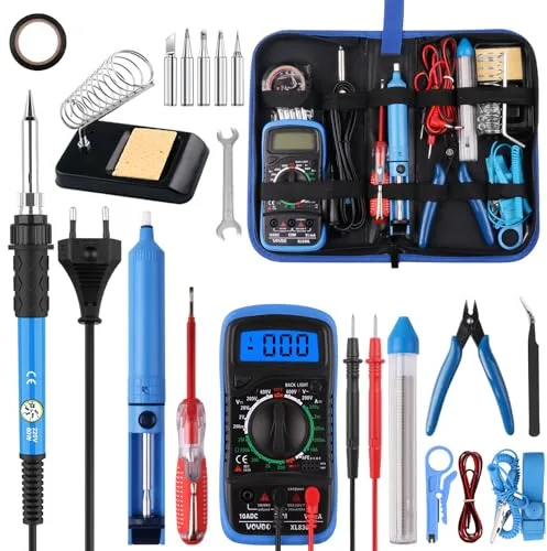 Soldador Estaño Set 24 in 1 con Caja de Herramientas, 60W Kit Soldadura Eléctrónica con Multímetro Digital,Temperatura Ajustable 200-450℃,Puntas Soldador