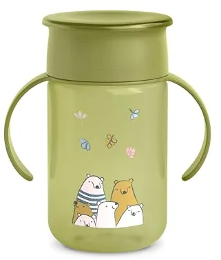 SUAVINEX, Vaso Aprendizaje Bebé, Vaso 360 con Sistema Antiderrame y Antigoteo, Magic Cup con Asas y Tapa, Apto Lavavajillas y Microondas, 340 ml, Taza Entrenamiento para Bebés +12 Meses, Bears Verde