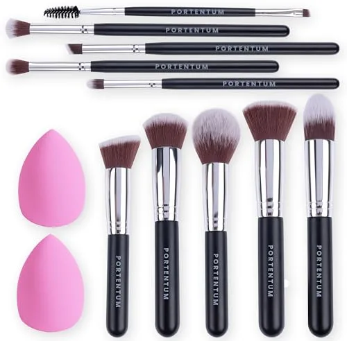 PORTENTUM Brochas de Maquillaje profesional – Set 10+2 Piezas – Para Base Polvos Colorete Contorno – con Esponjas