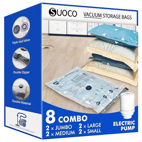 SUOCO Bolsas al Vacío Ropa, Juego de 8 Bolsas (2J + 2L + 2M + 2S) con Bomba Eléctrica, Bolsas de Almacenaje al Vacío para Ropa y Edredones, Viaje y Hogar, Resistente y Reutilizable
