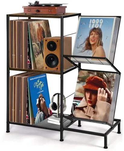 HYCFYJR Mueble Tocadiscos con Soporte Vinilos de 2 niveles, Mesa Tocadiscos con Marco de Metal, Mesa Reproductor Vinilo para Sala de Estar, Marrón Rústico