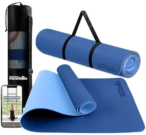 LA MENTE ES MARAVILLOSA - Esterilla de Yoga, Pilates y Fitness【E-Book, Bolsa y Correa de Hombro】Colchoneta Antideslizante TPE para Deportes, Gimnasio en Casa | 183x61 cm (Azul Oscuro/Claro sin Diseño)