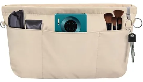 FINEASY Organizador Bolsos de Mujer de Nylon, Organizador de Bolsos Interior con Cremallera y Llavero, 13 Bolsillos,Beige (S)