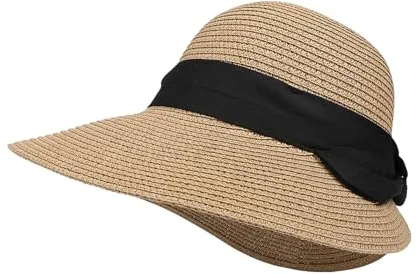 Feelorna Sombrero de Paja con Ala Ancha para Mujer, Protección UV, Transpirable, de Playa y Verano, Plegable para Viajes y Vacaciones