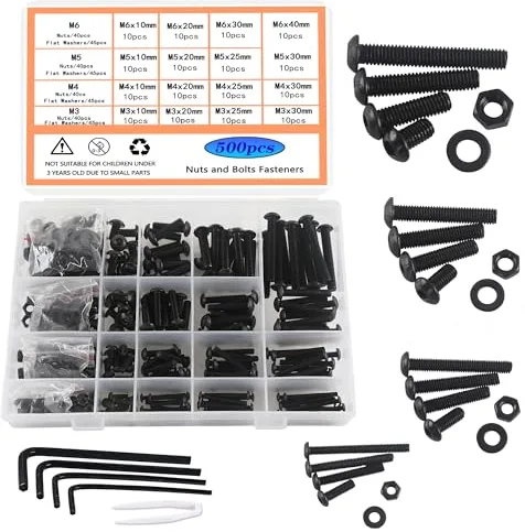 HVDHYY M3 M4 M5 M6 Juego de Pernos De Acero Al Carbono Tornillos de Máquina Negros Tornillos Tuercas y Arandelas Surtido Kit Cabeza Redonda con Caja Almacenamiento 4 Llaves Inglesas 500pcs