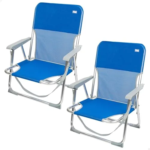 AKTIVE Pack 2 sillas Playa Plegables, Azul, De textileno y Aluminio, Respaldo Fijo, 44x40x72 cm, con asa Hombro y topes antivuelco, Máximo 100 kg, Ligeras y Resistentes, Asiento bajo (85478)