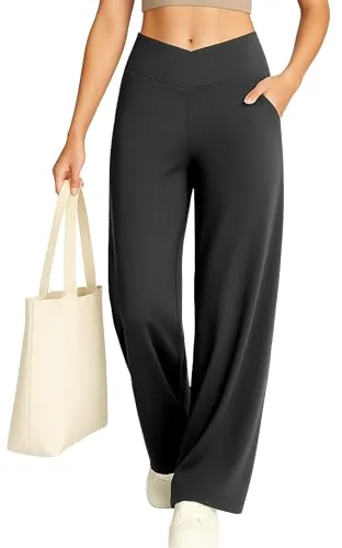 Yogaration Pantalones de Yoga Mujer Pierna Ancha, Cintura Alta Cruzada, Bolsillos Laterales, Corte Recto Suelto, Antiarugas, Ideales para Viajes y Diario