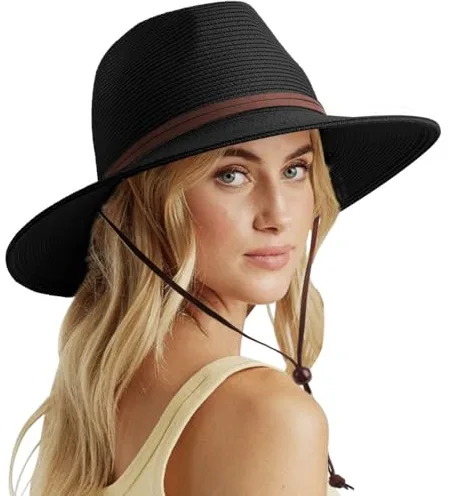 DRESHOW Mujeres Sombrero de Panamá, Sombrero de Paja de ala Ancha, Sombrero de Verano con Correa de Barbilla, Sombrero de Playa Fedora UPF 50+
