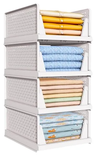 TidyIsles 4 Unidades de Organizador Armario Plegables y Apilables, Cajonera Organizadores de Plastico y Separadores, Plástico de Ropa Almacenamiento y Organización para Dormitorio y Baño, Blanco