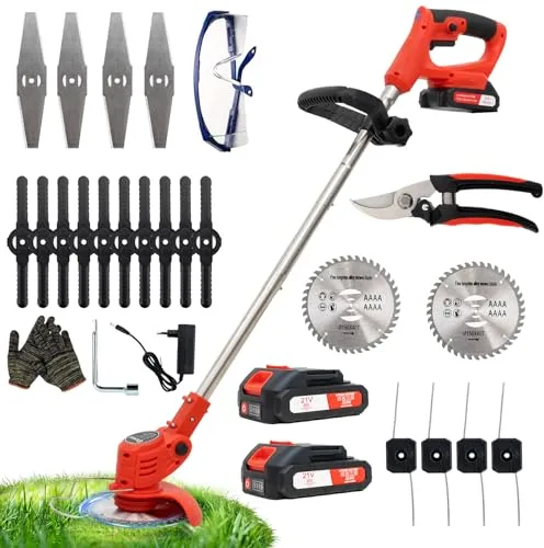 OUTIGO Cortadora de césped eléctrica inalámbrica, desbrozadora inalámbrica con 2 baterías y 4 Cuchillas, Recortar Malas Hierbas, césped Exterior y Ramas pequeñas, Decespugliatore Elettrico