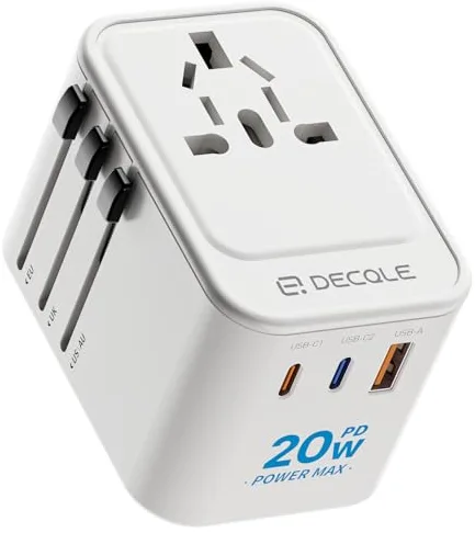 decqle Adaptador Enchufe Universal, Adaptador de Viaje con 2 USB-C(PD 20W) y 1 USB-A, Adaptador Universal para EU, Reino Unido, Americano, Canadá, Australia& 224+País(Blanco)