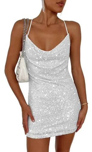 EMOTTOS Mini Vestido de Lentejuelas y Purpurina, Sexy Vestido Halter sin Espalda con Forro, Suave Vestidos Bodycon con Dobladillo, Brillante Vestidos Lápiz para Fiesta de Cóctel (Negro/Plata, S-XL)