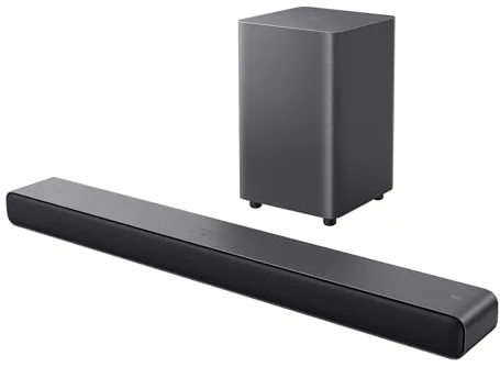 TCL Barra de Sonido S55HE 2.1, 220 vatios, Cine en casa, expansión de Sonido, Dolby Atmos, DTS Virtual:X, Barra de Sonido con subwoofer, Mando a Distancia único, Bluetooth 5.3, HDMI, USB