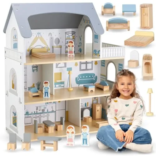 Mamabrum Casa de Muñecas de Madera con 15 Accesorios y 3 Niveles – Casa de Muñecas Grande para Niñas con Muebles, 5 Habitaciones y Terraza – 61 x 38 x 70,4 cm
