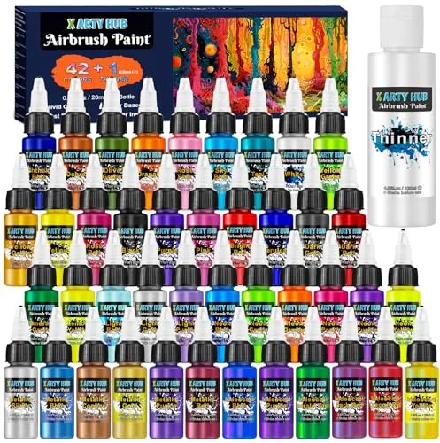 X ARTY HUB Pintura Aerógrafo - 42 Colores con 120 ml Diluyentes, Pinturas Acrílicas para Aerógrafo Modelismo Iridiscentes, Neón y Metálicas Listas para Usar, Set de Pintura a Base de Agua