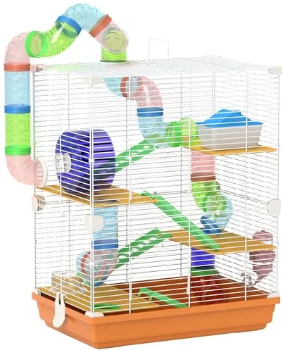 PawHut Jaula para Hámster de 5 Niveles, Casa para Roedores Pequeños con Túnel, Plataformas, Cuenco, Bebedero, Casita, Rampas y Rueda de Ejercicio, para Jerbos, 46x30x58 cm, Naranja
