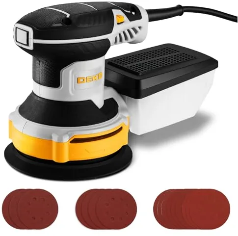 DEKOPRO Lijadora Orbital 300W, 6 Velocidades, 14000 RPM, Lijadora Eléctrica Ideal para Superficies de Madera y Acero con 16 Hojas de Papel de Arena（Gris amarillento）