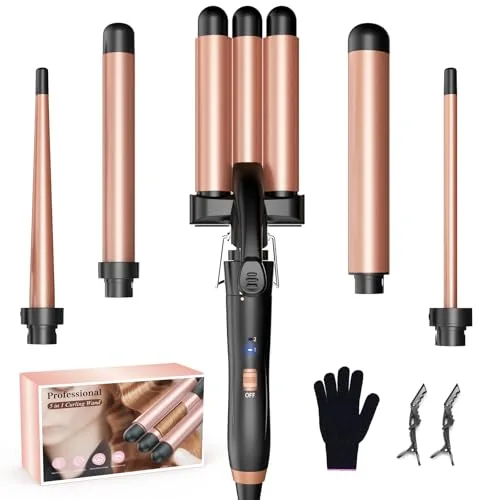 BESTOPE MIX Rizador Pelo Ondas Plancha Ondas, [5 en 1] Rizador de Pelo con Temperatura Regulable, Cerámica Ondulador de Pelo Calentamiento Rápido Pinzas Rizadoras 3 Barriles con Barras Recambiable