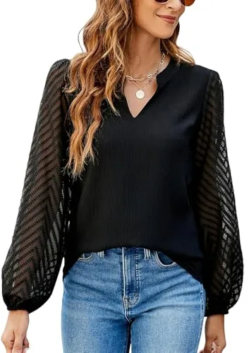 Atxnn Camiseta Mujer Blusa de Encaje Manga Larga Elegantes Top Chifón Informal Camisa con Cuello en V Otoño Túnica Color Sólido de Trabajo, Black XL