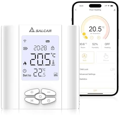 SALCAR - Termostato Conectado WiFi para Caldera de Gas y calefacción por Suelo Radiante Agua, programable con Humedad, Compatible con Amazon Alexa y Google Home - Cabezal termostático Tuya