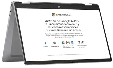 HP Chromebook x360 - Ordenador portátil de Google 14" FHD (Intel N100, 4GB RAM, 128GB eMMC, ChromeOS) + Suscripción Google AI Pro con Gemini Pro y 2TB de almacenamiento durante 3 meses -QWERTY Español