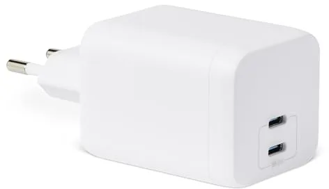 Amazon Basics Cargador de Pared USB-C Nano GaN de Carga Rápida, 65W y 2 Puertos para Ordenadores Portátiles, Tablets y Teléfonos, Blanco