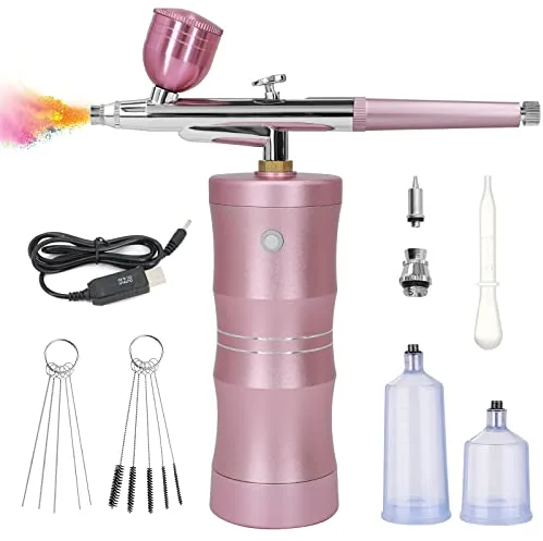 Ykall Kit de Aerógrafo con Compresor de Aire, Pistola de Cepillo de Aire Mejorada de 7.4V 34PSI Recargable Portátil Inalámbrico con Boquilla de 0,4 mm para Pintura, Arte de Uñas, Tatuaje (Rosa)