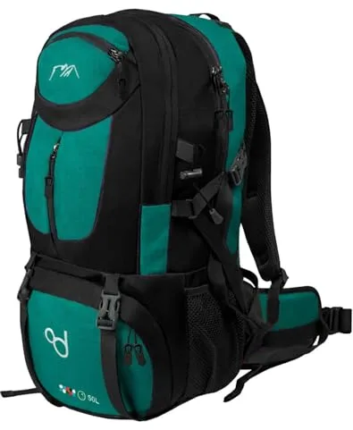 OcioDual Mochila Senderismo 50 Litros, Mochila Trekking, Montaña y Camino de Santiago, Multifuncional, Ligera, Mochilas Hombre para Camping, Acampada, Marcha Nórdica, Supervivencia, Turquesa