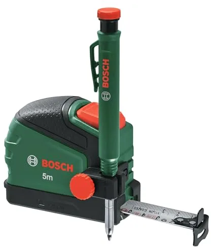 Bosch cinta métrica 5 m + lápiz marcador (con clip lápiz, bloqueo automático, revestimiento de nailon, 2 m separación, regla métrica, alta precisión, clip para cinturón, mango suave) - Edición Amazon