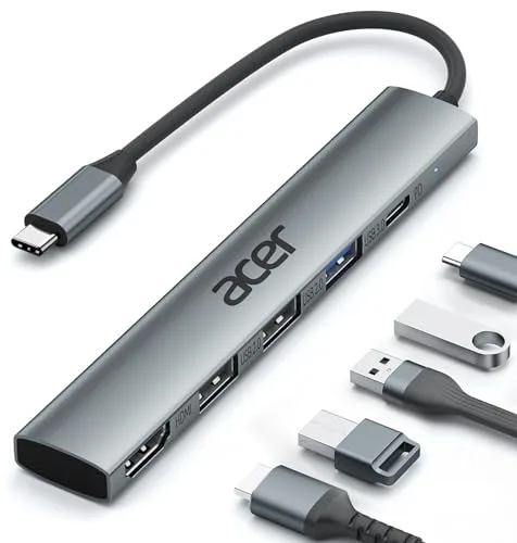 acer Hub USB C 5 en 1, Ataptador USB C a HDMI 4K, Carga PD 100W, 3X Puertos USB A, USB C Hub Multipuerto para Portátiles, PC, Tableta, MacBook Air/Pro, iPad Pro, iPhone 16 Serie