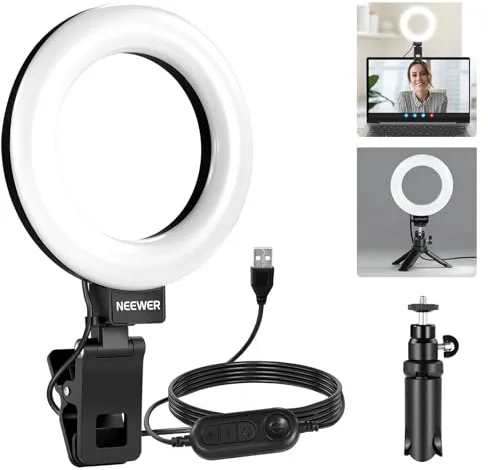 NEEWER 5" Aro de Luz con Clip y Trípode, 10W 3000k-6000K Luz Clip Regulable para Portátil Monitor Videoconferencia, Selfie, Vlog, Maquillaje, Transmisión en Vivo, Grabación de Video, BR60 Basico