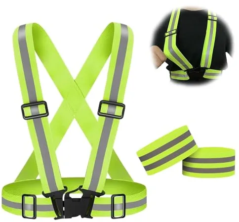 MagiSel 1 Piezas Verde Fluorescente Chaleco Reflectante, Alta Visibilidad Tirantes Reflectantes de Seguridad Elástica Ajustable, 2 Piezas Brazalete Reflectante, para Correr,Senderismo,Ciclismo
