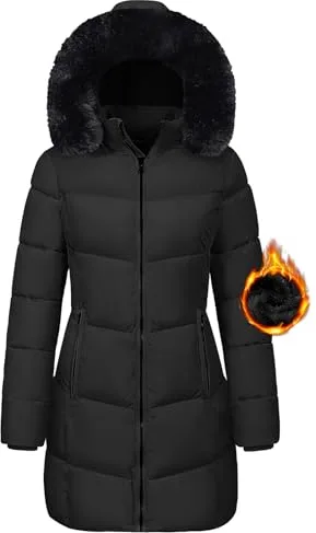 Tuopuda Parka Para Mujer Largo con capucha de piel Abrigo Gruesa para Mujer Chaqueta de Invierno con Capucha Chaqueta de Cremallera Abrigo Resistente al Viento(Negro,XL)