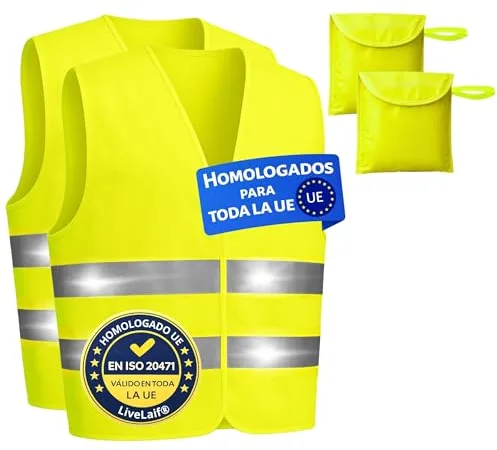 LiveLaif Pack 2 Chaleco Reflectante Homologado DGT ISO 20471 + 2 Fundas Incluidas | Chalecos Reflectantes Homologados | Chaleco Reflectante Coche Amarillo Alta Visibilidad | Talla Única Unisex